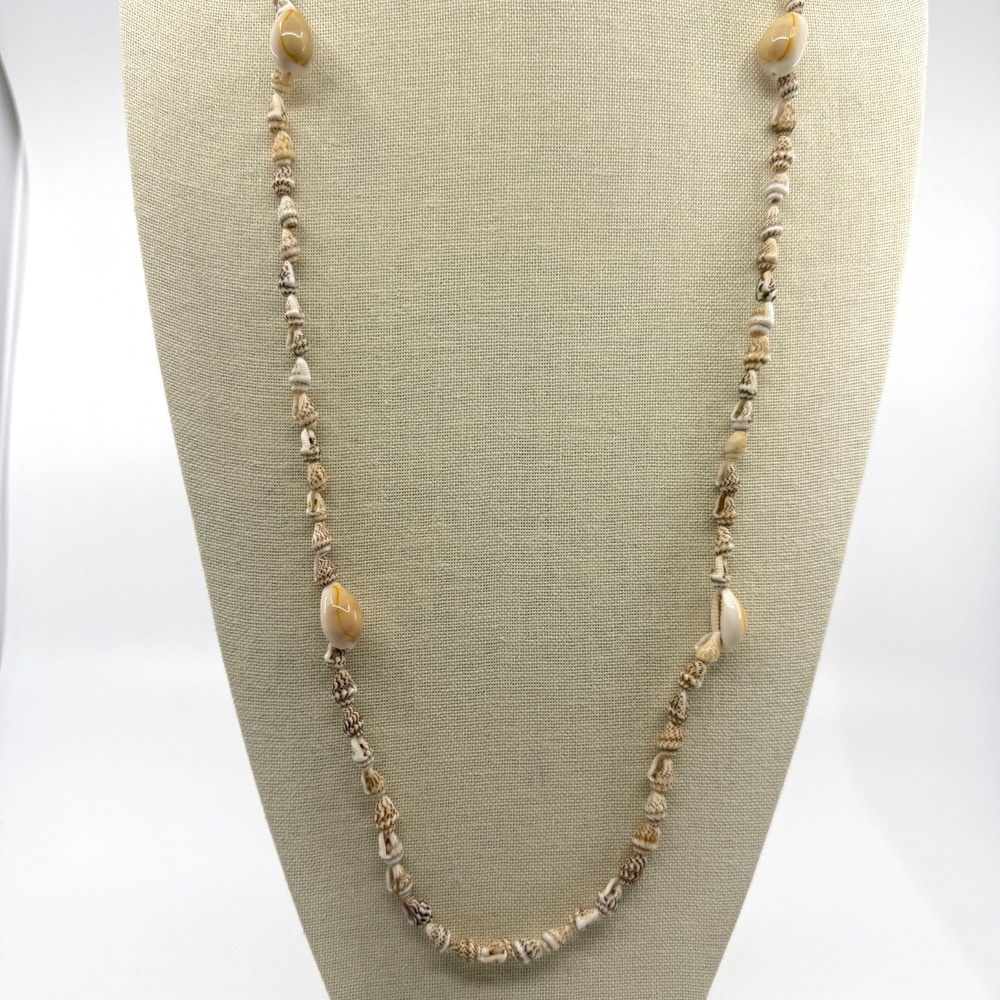 Brown White Cowrie Seashell Long Necklace Coastal Boho Beach Statement Jewelry